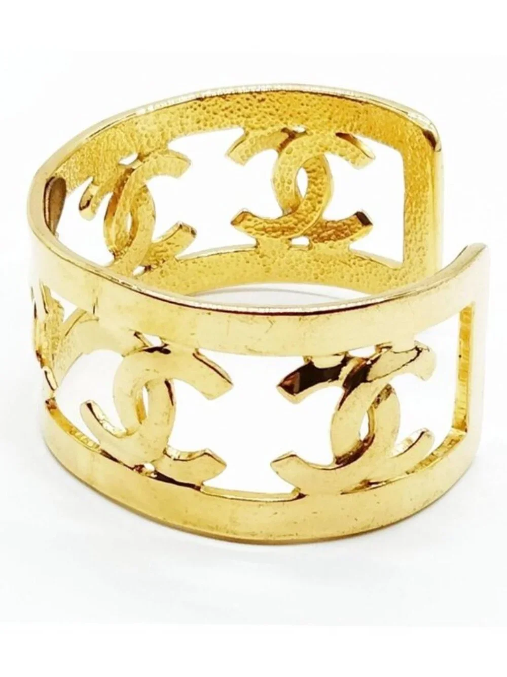 Chanel Gold Tone CC Logo Cutout Wide Open Cuff Bracelet Vintage